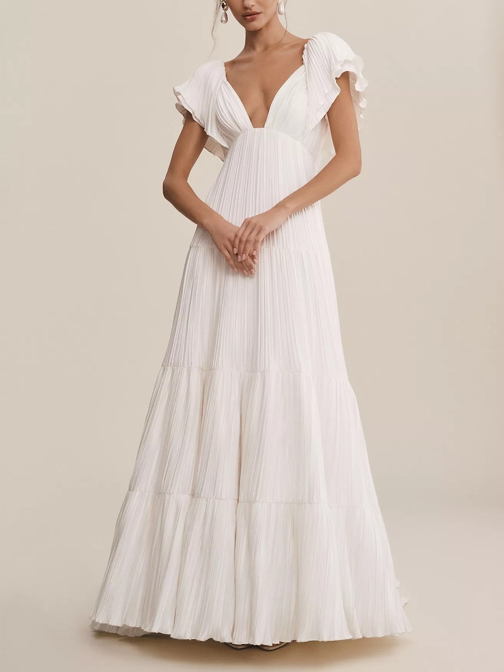 Anthropologie BHLDN Valerie Flutter Sleeve Pleated Satin Wedding Gown - Picture 5 of 5
